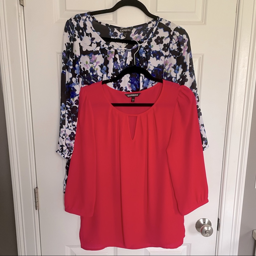 Express 2 pc blouse bundle - crew neck cutout floral & pink (Size Sm)
